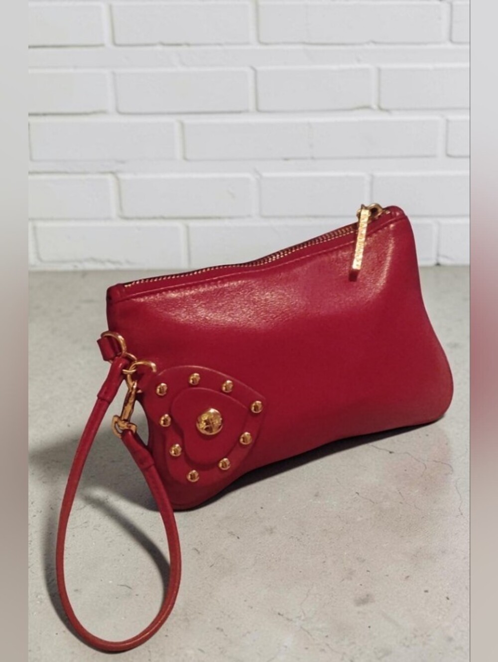Tory Burch EUC Red Leather Hailey Studded Heart Wristlet Pouch